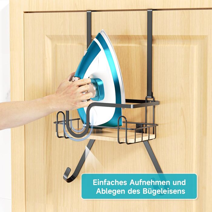 Настінна підставка для прасувальної дошки з кріпленням над дверима, чорна, з великим кошиком та знімними гачками
