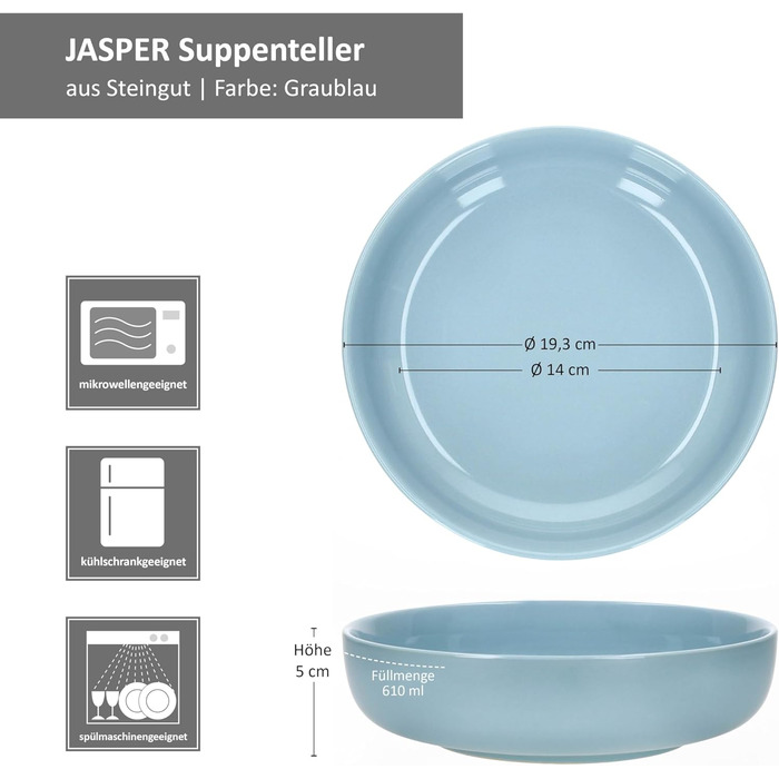 Набір посуду Ritzenhoff & Breker Jasper, 12 предметів, сіро-блакитний, з кераміки, для 6 осіб. Включає 6 супових та 6 обідніх тарілок. Ідеально для сніданку, обіду та вечері.
