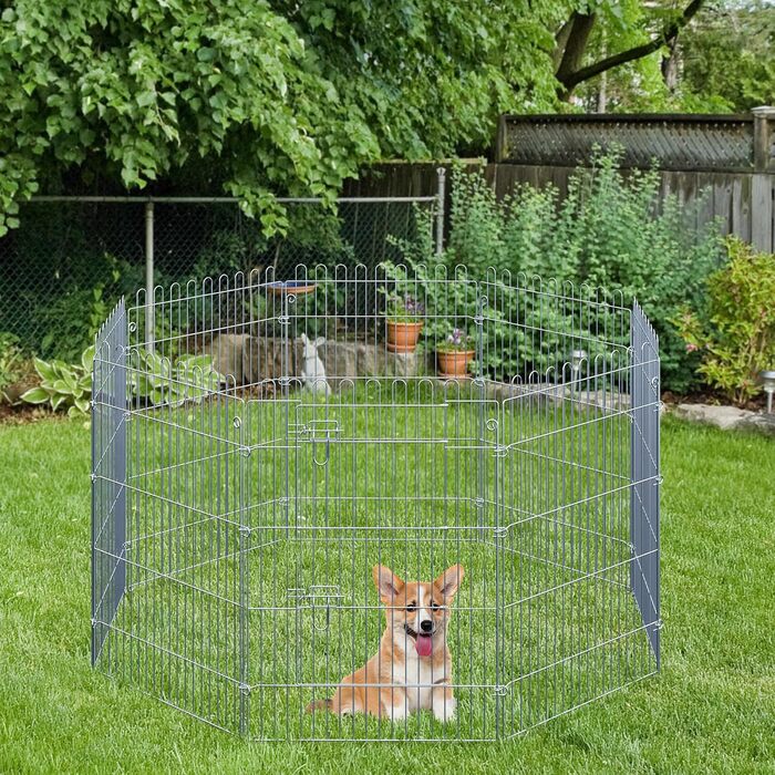 PawHut Вольєр для цуценят/собак, 8 панелей, 63B x 91H см, срібний, для собак, котів, цуценят, вольєр для собак на вулицю