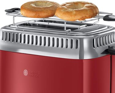 Russell Hobbs Toaster [for 2 slices] Retro Stainless Steel Red (Retro-style countdown display, includes bread roll attachment, 6 browning levels + defrost & reheat function, 1300W) Vintage 21680-56