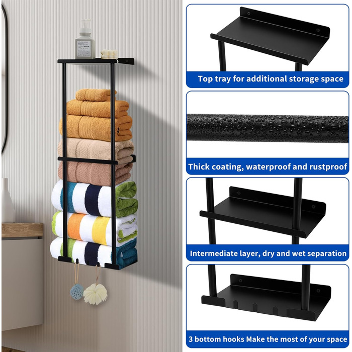 Bathroom Towel Rack Wall Mounted Towel Holder No Drilling 3-Tier Bathroom Towel Rack with Metal and 3 Hooks Bathroom Towel Storage Shelf 80 x 26 x 14 cm (black)