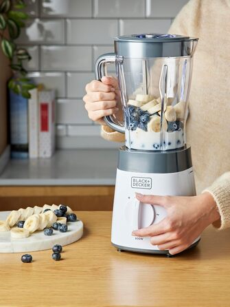 Блендер стаціонарний BLACK+DECKER, 500 Вт, 2 швидкості, пульс, скляна чаша 1,5 л, 4-лезове сталеве лезо, легке очищення, білий/сірий