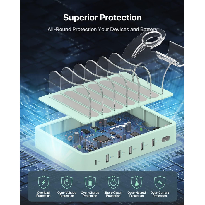 Зарядна станція SooPii USB 60W/12A, 6 портів, органайзер для декількох пристроїв з тримачем для Apple Watch, 6 кабелів для телефонів, планшетів та інших електронних пристроїв. Зелена