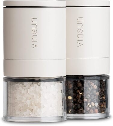 Набір з 2 мельниць для солі та перцю Vinsun - керамічний механізм, регульовані, ручні, нержавіюча сталь, кремово-білі