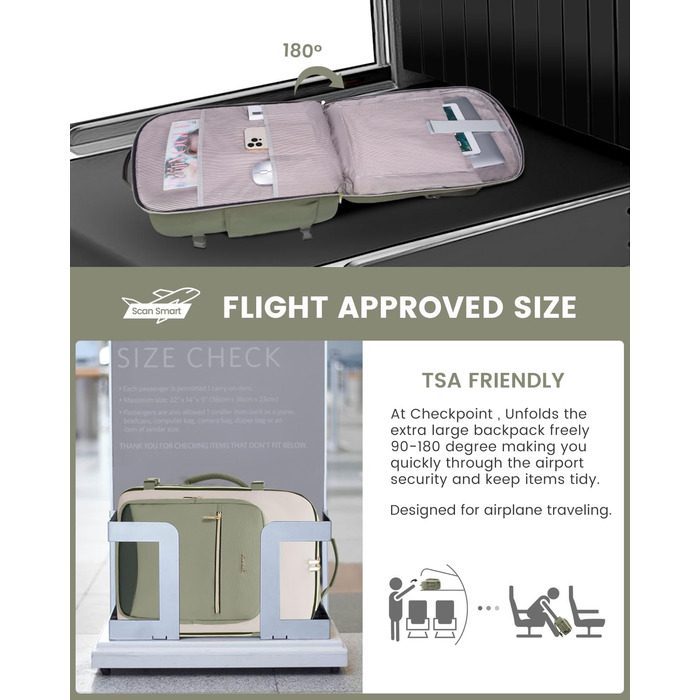 Рюкзак LOVEVOOK для ручної поклажі літака, 40L, водонепроникний, з відділенням для ноутбука 17 дюймів, для подорожей, школи, роботи, кемпінгу (зелений + бежевий + чорна шкіра)