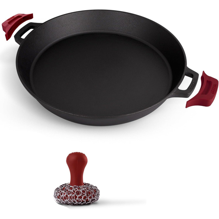 Набір сковорідок Cuisinel з чавуну, 15.2 см + 20.3 см + 25.4 см + 30.5 см + скляна кришка + силіконові ручки-тримачі – попередньо обпалена сковорода – посуд для приготування в духовці та на плиті, використання в приміщенні та на вулиці