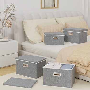 Yawinhe 3-Piece Storage Boxes with Lids, Foldable Fabric Storage Box with Handles, Storage Boxes, for Bedroom, Clothes Storage, 32x23x20cm, Grey, SNK023G-3