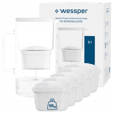Скляний фільтр-кувшин Wessper D2 з боросилікатного скла, 3 л, білий + 6 фільтрів