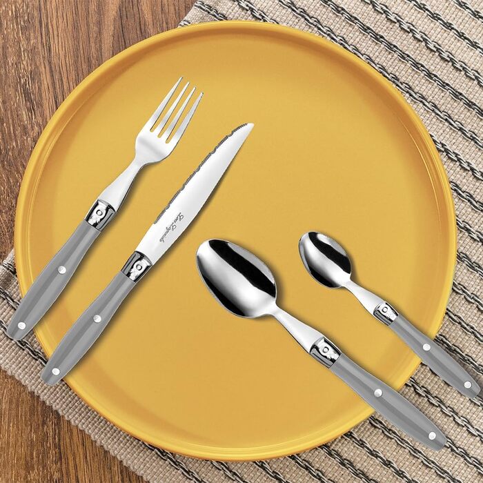 Набір ножів для стейка Laguiole 24 шт. | Набір столових приборів на 6 осіб | Столові ножі з хвилястим лезом (Темно-сірий)