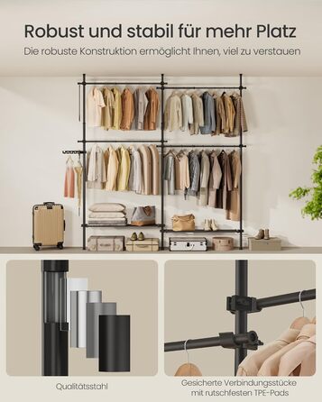 SONGMICS Telescopic Rod Clothes Rack, 3-Tier Wardrobe, Height and Width Adjustable, Open Clothes Closet with 2 Garment Rods and Removable Shelf, Grab Arm, HSR136B01 (Matte Black, 2 Rows (162B~238B) cm)