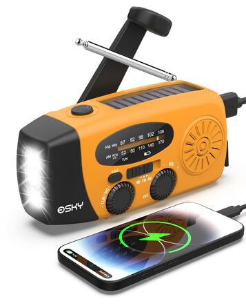 Радіо Esky на сонячній батареї та з ручним приводом AM/FM, водонепроникне, портативне. Радіо для надзвичайних ситуацій з SOS-сигналом, Power Bank, LED-ліхтариком (260г, помаранчеве)