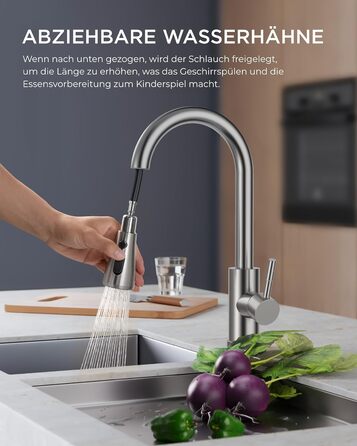 Змішувач для кухні FORIOUS з висувною лійкою, 360° обертання, 2 режими, нержавіюча сталь