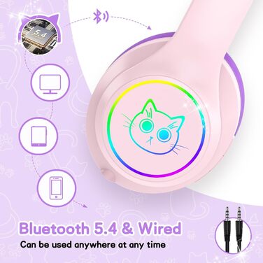 Дитячі навушники LOBKIN Bluetooth Over-Ear з чохлом, бездротові та провідні, для дівчаток, складні, регульовані, для школи та подорожей (рожево-фіолетові)