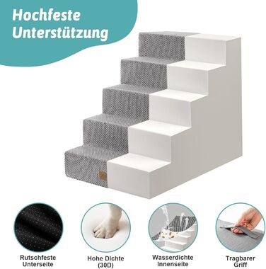 COZY KISS Dog Stairs for Small Dogs, 5 Steps Wide Pet Stairs for Bed Couch Car, 60cm High High-Density Foam Cat Stairs with Removable Cover (Gray, 75x50x60cm, 5)