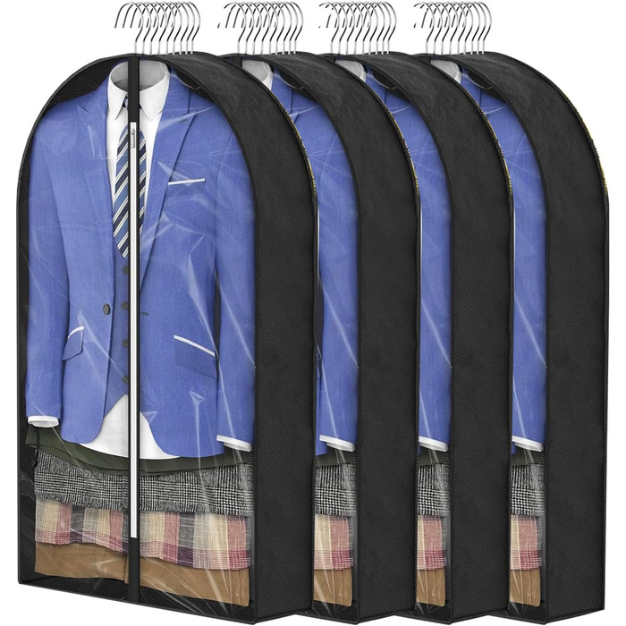 Чохли для одягу, дихаючі, 100 см (4 шт.) для костюмів, захисні мішки для зберігання з 10 см прорізом, прозоре вікно, пилонепроникні, мішки для одягу, захист для костюма, пальто