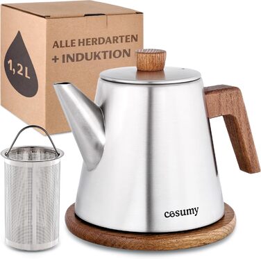 Teapot with infuser and trivet - Stainless steel & FSC wood - Induction and all other stovetops - 1200ml