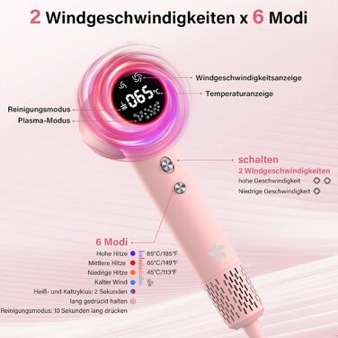 Фен з дифузором, 57dB, швидке сушіння, для подорожей та дому (рожевий)