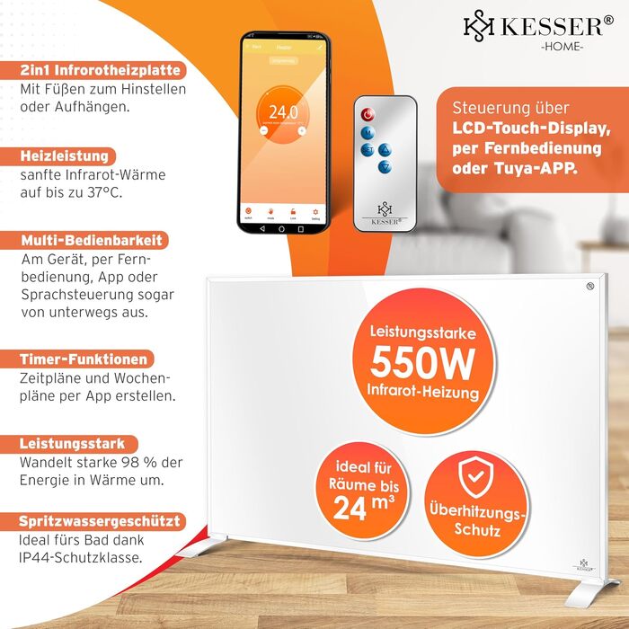 Інфрачервоний обігрівач KESSER 550Вт: електрична панель опалення з дистанційним керуванням, термостатом та App-контролем (настінний/підлоговий), білий