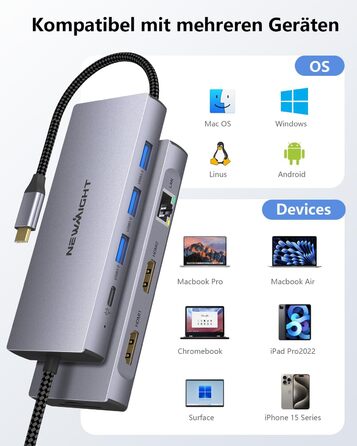 Док-станція для ноутбука Newmight з двома HDMI, підтримка 2 моніторів 4K, Ethernet 1 Gbps, PD 100W, 3 USB 3.0, SD/TF Reader, USB-C, сірий (HP/Dell)