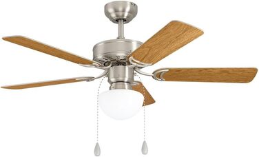 Стеляний вентилятор EGLO CADIZ з 5 лопатями, світлом, ланцюжком, лопаті з МДФ (срібло/дуб), корпус зі сталі (нікель-мат), літньо-зимовий режим, AC двигун, діаметр 106.6 см