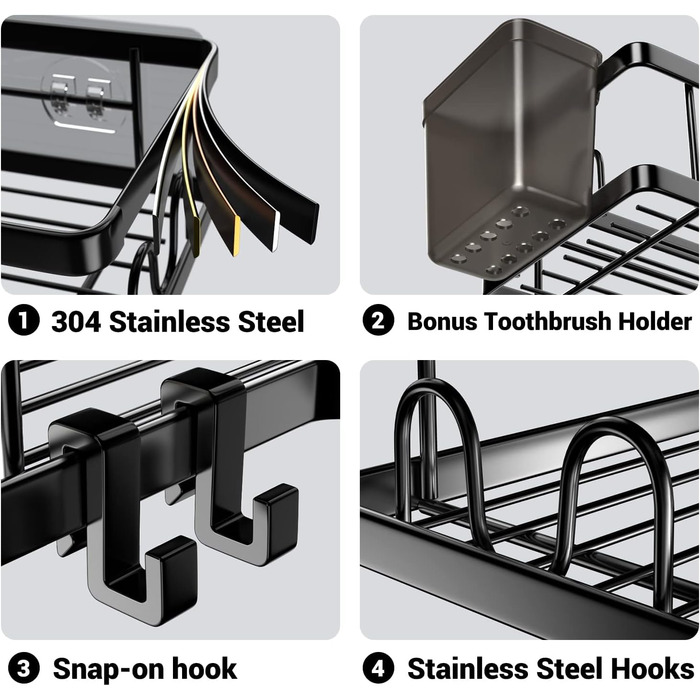 FINIBO Shower Shelf No Drilling, 2 Pack Adhesive Corner Shelf Bathroom Organizer, Shower Shelf Stainless Steel with 4 Hooks and 2 Toothpaste Holders, Black Shower Shelf Shower Basket for Bathroom Kitchen
