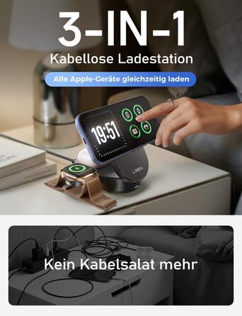 Зарядна станція LISEN 3-в-1 MagSafe для Apple iPhone, Apple Watch та AirPods (25W, Qi2.2) з мережею 45W