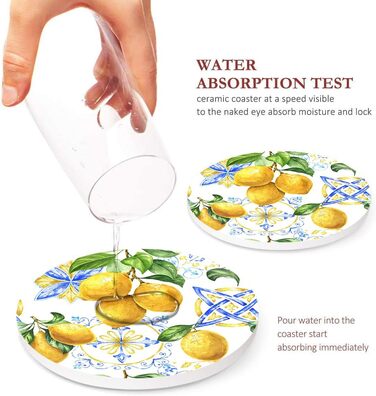 Drink coasters, set of 6, yellow lemon, fruit, blue ceramic tiles, pattern, absorbent, square, ceramic stone mat, with cork backing and metal holder, housewarming gift, (lemon)