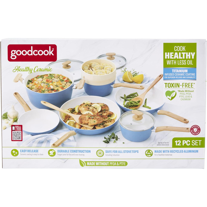 Набір посуду GoodCook Gesundes Keramik 12 предметів блакитного кольору: каструлі, пароварка, лопатки, сковорідки - індукційний посуд