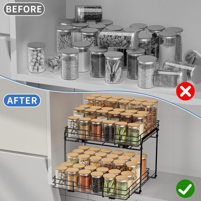 AIRUJIA Pull-Out Spice Rack, 2-Tier Dish Cabinet Organizer, Spice Rack Cabinet, Spice Rack, Lift-Up Sink Shelf, Spice Organizer for Kitchen, L26.4*W23.2*H23CM (L27.2*W34.3*H24 - 2 Tier)