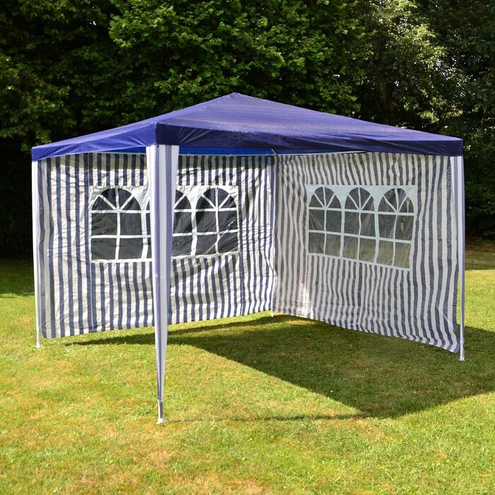 Garden pavilion, 3 x 3 m, waterproof, including 2 side walls each with 3 windows, pegs, guy ropes, corner connectors, material PE tarpaulin 110 g/m², painted metal frame, plug-in system, blue-white