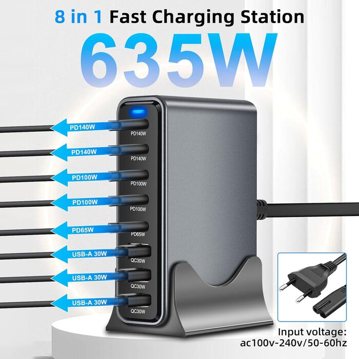 Зарядний пристрій Arceli USB-C 635W GaN III 10 портів: 5x USB-C PD + 5x USB-A QC4.0 для iPhone 16/15/14 Pro Max, Samsung Galaxy, MacBook, iPad, ноутбуків