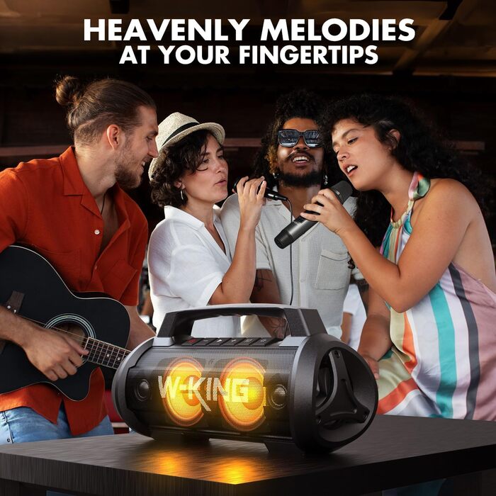 W-KING Bluetooth Колонка 120W з підсиленням басів 70W, чорна. Портативна колонка для вечірок, кемпінгу, пляжу, саду. BT 5.4, IPX6, до 42 годин, RGB підсвітка, стерео-з'єднання, DSP/EQ.