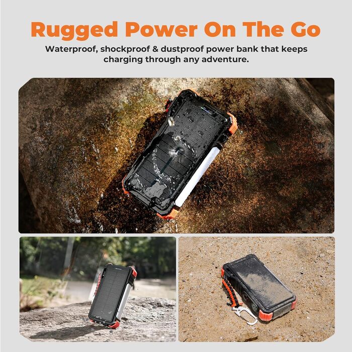 Портативний зарядний акумулятор BLAVOR Solar 20000mAh з кабелем, 20W, сонячний, USB-C, для телефонів та Apple Watch, з ліхтариком та карабіном, оранжевий