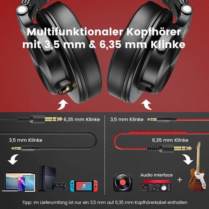 OneOdio A71: Професійні навушники Over-Ear для DJ та студійної роботи, з кабелем, Share Port, червоний
