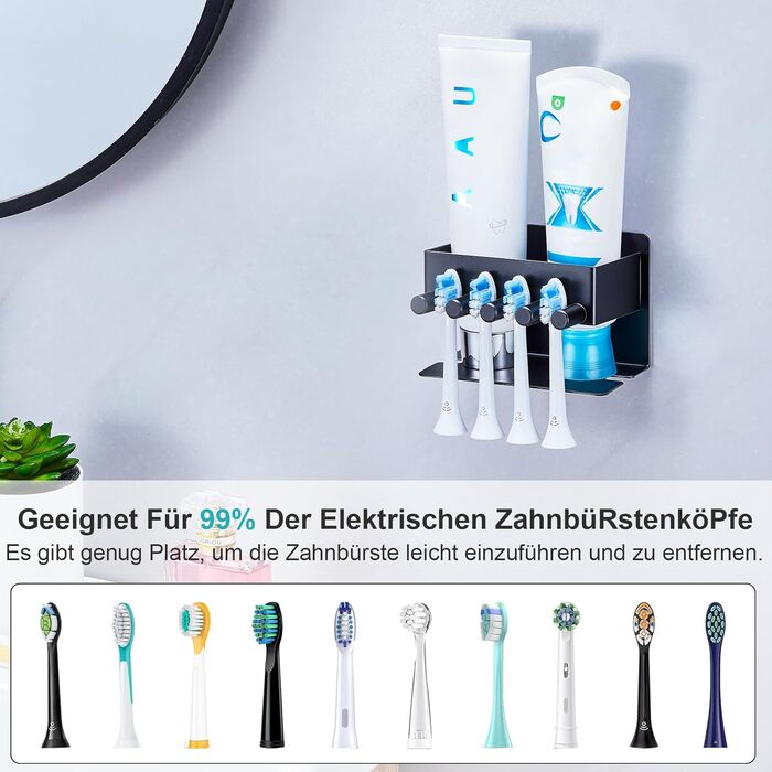 Настінний тримач для зубних щіток GGQ, для електричних та звичайних щіток, без свердління, самоклеючий, з органайзером для пасти, чорний