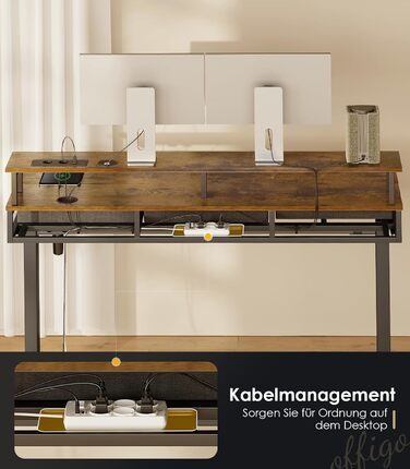 OffiGo Electric Standing Desk with Drawers, 120cm Adjustable Height Desk with Monitor Stand, Gaming Desk with Power Outlets & LED Light Bar, Brown Office Desk - 120 x 54cm