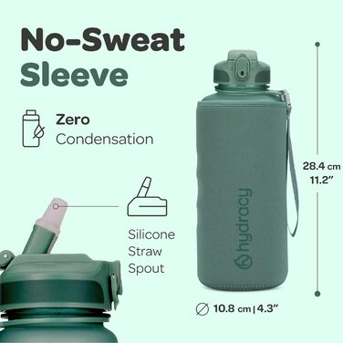 Пляшка для води Hydracy з соломинкою та мітками часу 2л - Спортивна пляшка без BPA, герметична, не конденсується - Moonlight Green