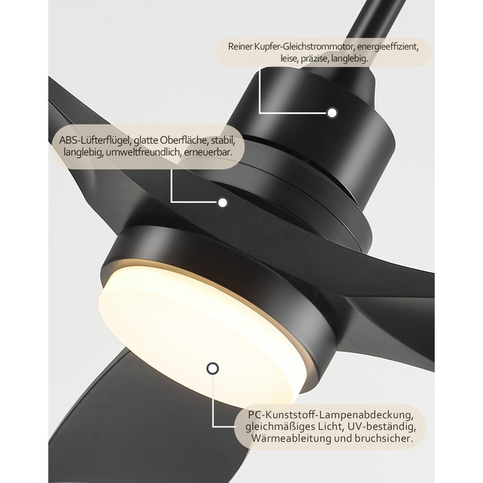 Стеляний вентилятор з підсвічуванням та пультом дистанційного керування, тихий DC двигун, 132 см/52 дюйми, 3 дерев'яних лопаті, таймер, 6 швидкостей, сертифікований ETL, режим літо/зима для спальні (132 см/52 дюйми, Чорний)