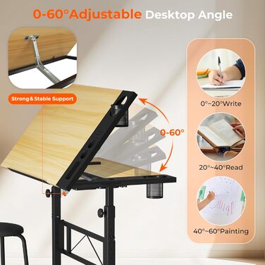 Adjustable Drafting Table with Tilt - 0-60° - Drawing Table, Computer Desk with Stool & Storage Cabinets - Wood Finish