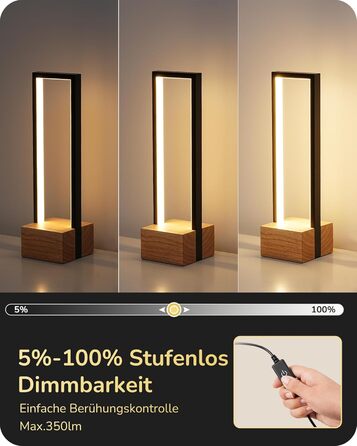 LED настільна лампа EDISHINE з дерева, торкання, регулювання яскравості та функцією пам'яті, 3 колірні температури, 350 люмен, сучасна лампа для вітальні, офісу, подарунок, чорний сучасний стиль