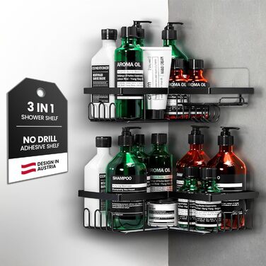 Настінна поличка для душу без свердління - 2 шт. | Дзеркальна | Чорна | Набір для зберігання в ванній кімнаті, органайзер для шампуню, душовий кошик