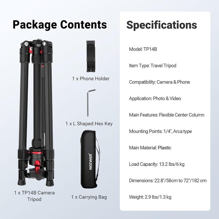 NEEWER Статив для камери та мобільного телефону, 71' алюмінієвий, з кульковою головкою 360°, для фото- та відеозйомки, сумісний з iPhone, TP15 (TP14B)