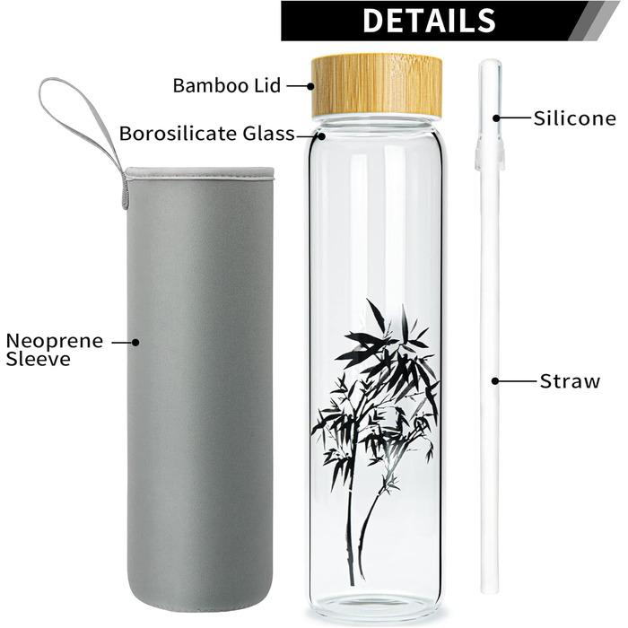 Glass Drinking Bottle 1l Glass Water Bottle with Bamboo Lid 1 Liter (1000ml) (Bamboo 1liter)