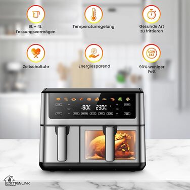 Фритюрниця Extralink 1400W з гарячим повітрям, 4.2L, 10 функцій приготування, LED-дисплей, економна, 90% менше жиру