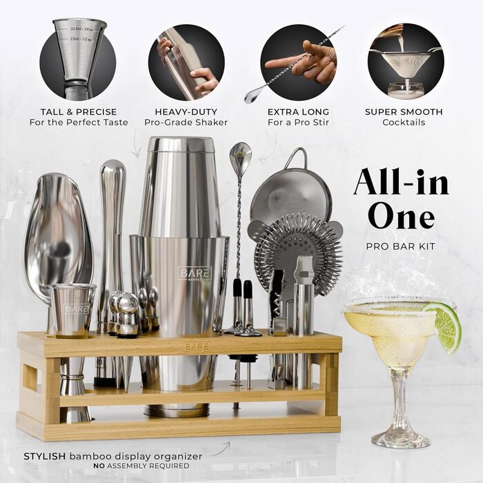 Набір для бармена BARE BARREL® Mixology: 16 предметів | Шейкер, інструменти для змішування коктейлів | Набір для дому | 35 рецептів | Подарунок