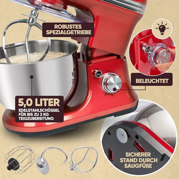 Планетарний міксер ProfiCook PC KM 1197 для випічки та замішування тіста, 1200 Вт, чаша 5 л, ретро-дизайн, червоний