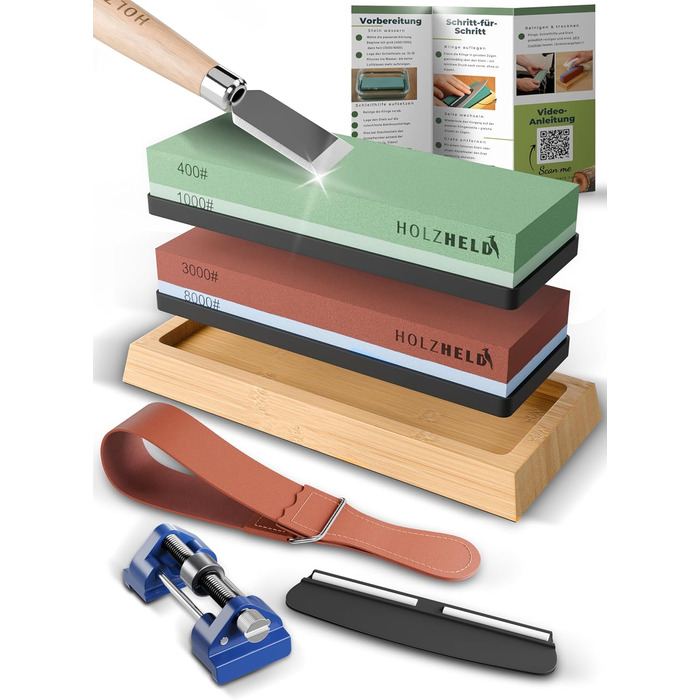 Набір для заточування ножів та інструментів Schleifstein: 400/1000/3000/8000 гріт, шкіра, кутник для заточування