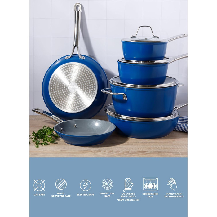 Набір кухонного посуду Sur La Table Kitchen Essentials, 13 предметів, преміум-кераміка, антипригарне покриття, індукція, знімний ручка, смарагдово-зелений