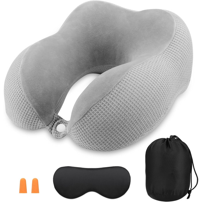 Подушка для шиї у літак, подушка для подорожей Memory Foam, подушка для шиї Travel, подушка-вовчок для дорослих, подушка для шиї з маскою для сну, беруші, чохол, ідеально для літака, авто, дому, офісу