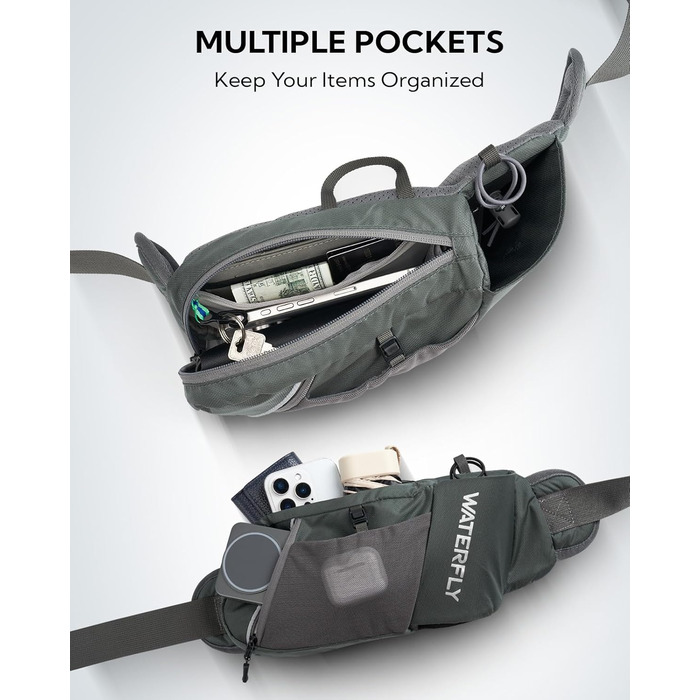 WATERFLY Поясна сумка на пояс для чоловіків та жінок з тримачем для пляшки: спортивна, стильна, для бігу, прогулянок, з собакою, подорожей, велосипеда (сіра)